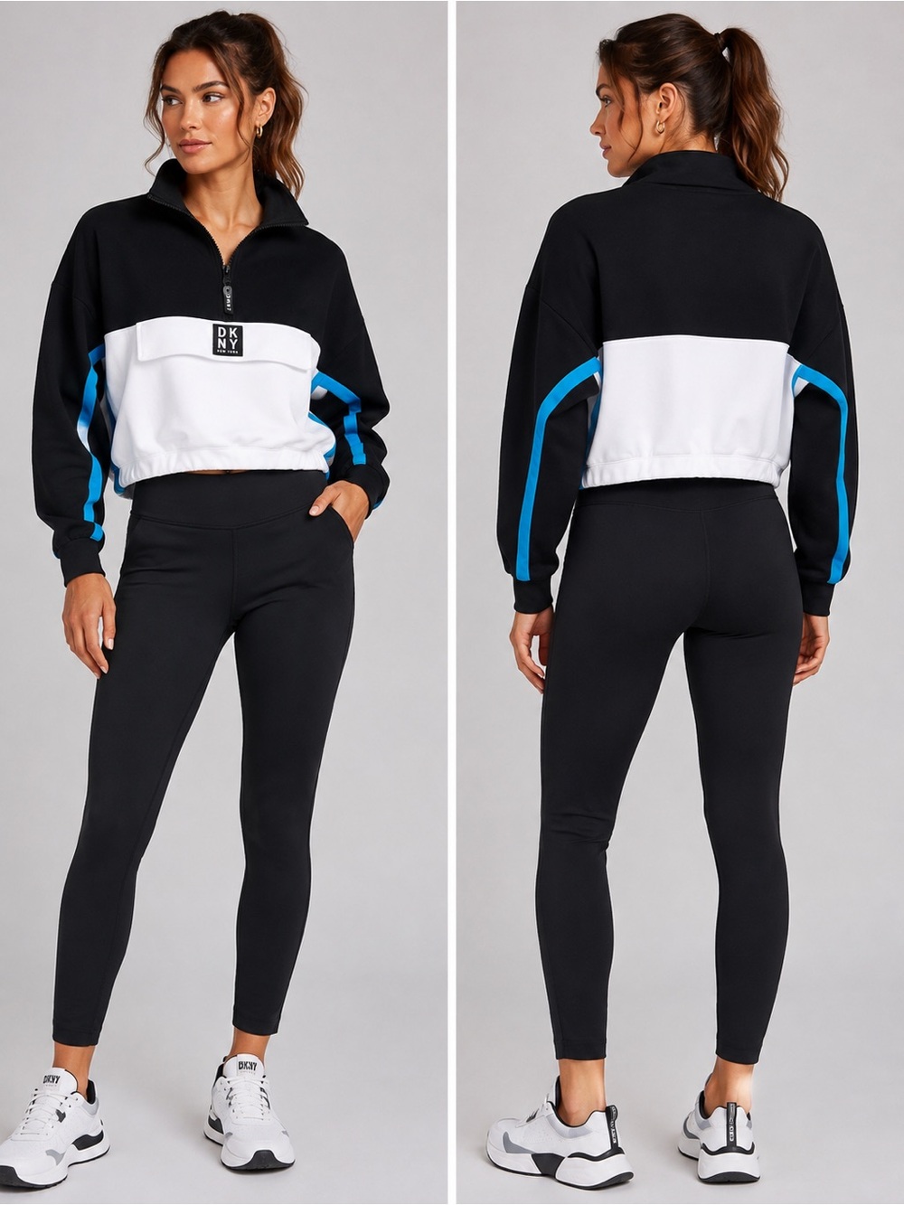 DKNY Sport Colorblock Half Zip Pullover Sweatshirt Black White Blue XS
